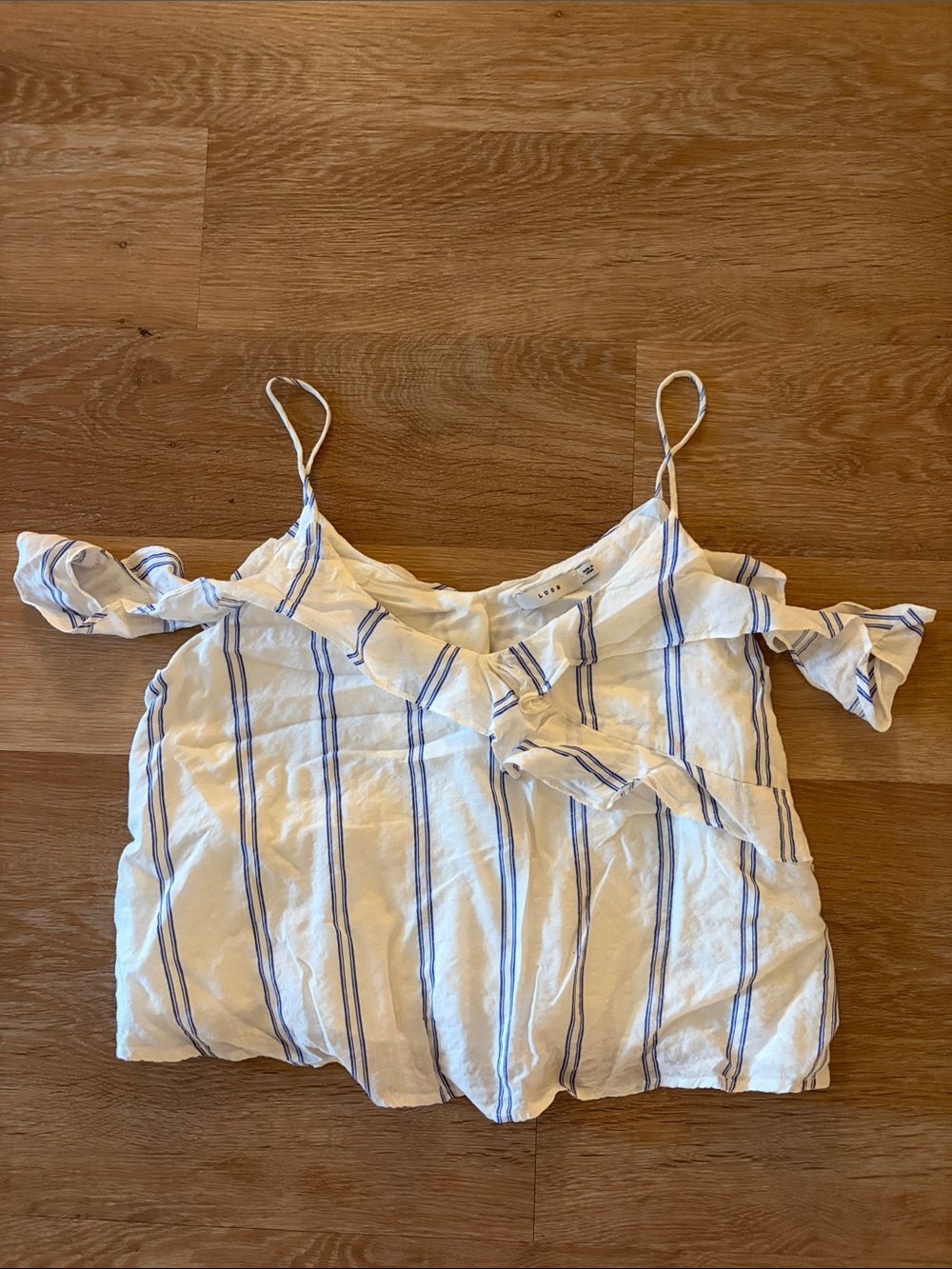 Lush White Tank Top with Blue Stripes and Ruffle Off-Shoulder